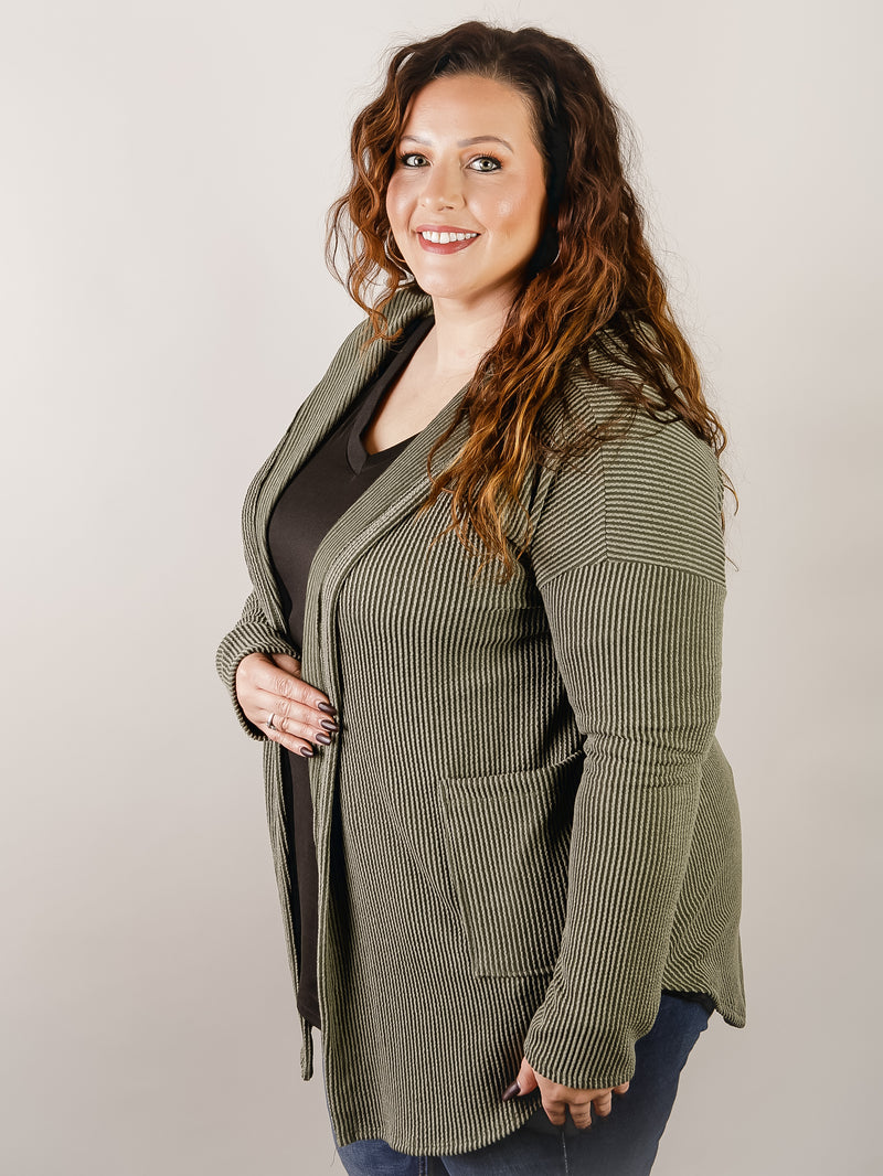 Curvy Olive Ribbed Open Hooded Cardigan