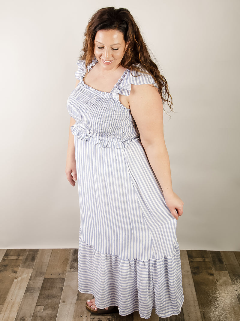 plus size striped midi dress Paige Plus Size Striped Button Front Midi Dress, Light Gray / 1XL