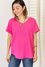 Hot Pink V-Neck Rolled Short Sleeve T-Shirt (Online Exclusive)