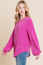 Fuchsia Long Sleeve Curved Hem Ribbed T-Shirt (Online Exclusive)