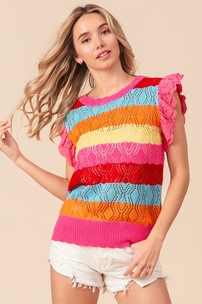 Multi-Colored Pointelle Striped Ruffled Knit Top (Online Exclusive)