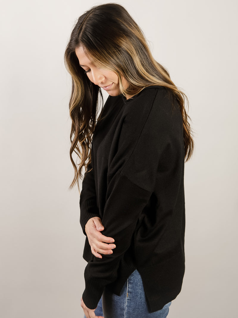 Black Round Neck Drop Shoulder Sweater