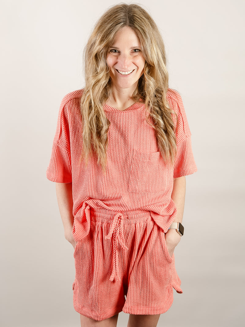 Coral Ribbed Knit Short Set