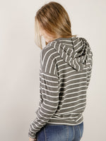 Charcoal and White Striped Long Sleeve Hooded Top