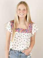 Geometric Embroidered White and Navy Top