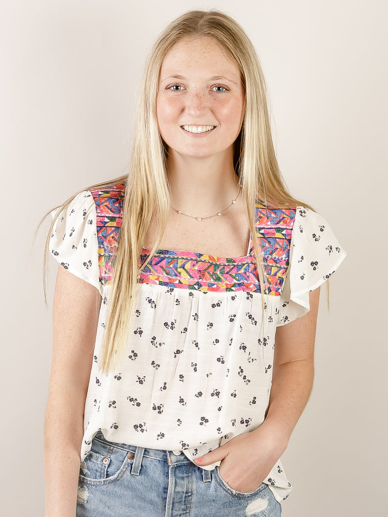 Geometric Embroidered White and Navy Top