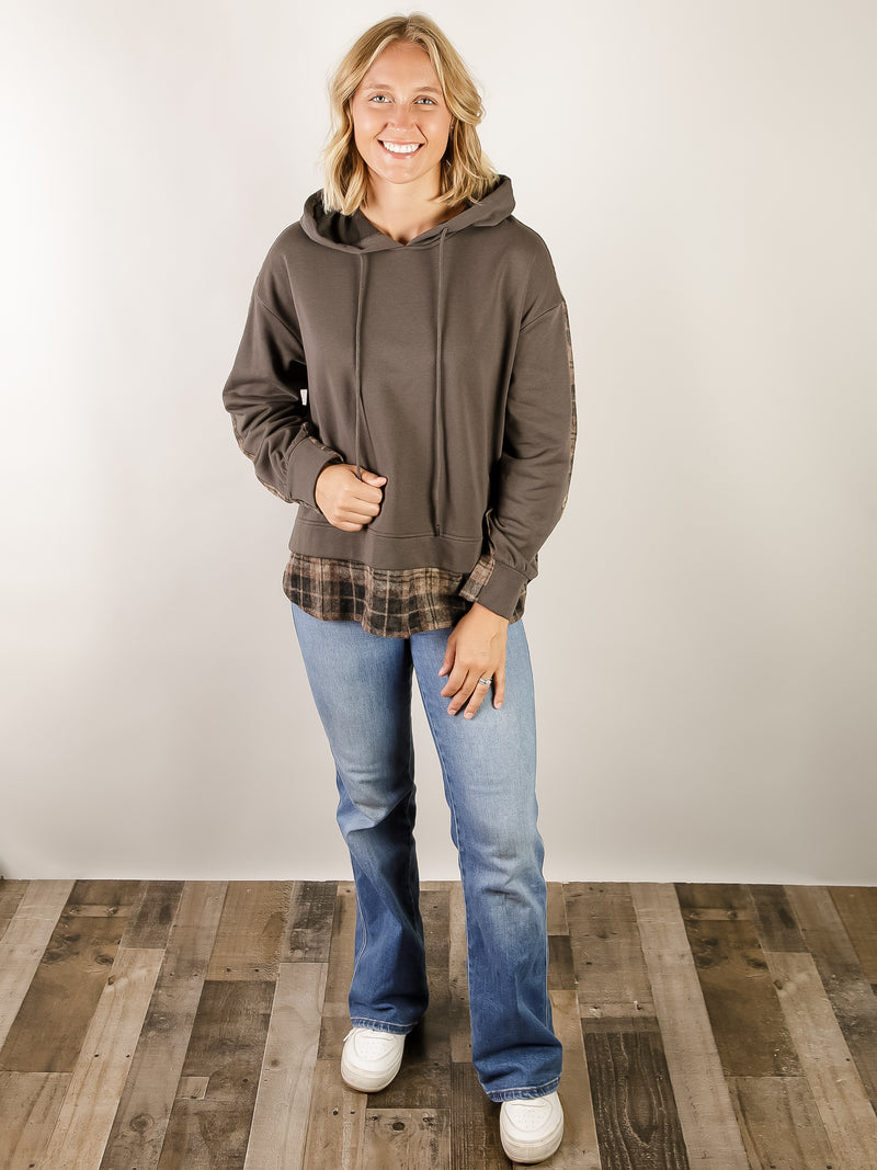 Charcoal Hooded Sweatshirt with Plaid Back