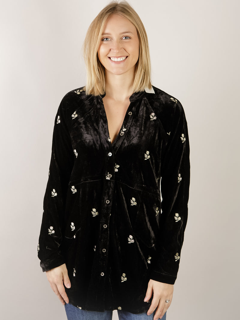 Black Embroidered Velvet Shirt