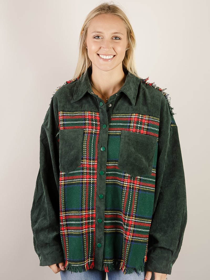 Green Corduroy with Plaid Front Shacket