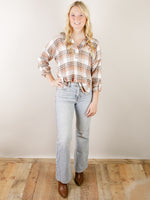 Split Collared Brown Plaid Blouse