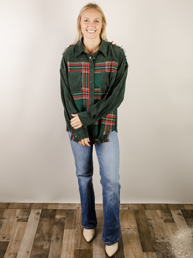 Green Corduroy with Plaid Front Shacket