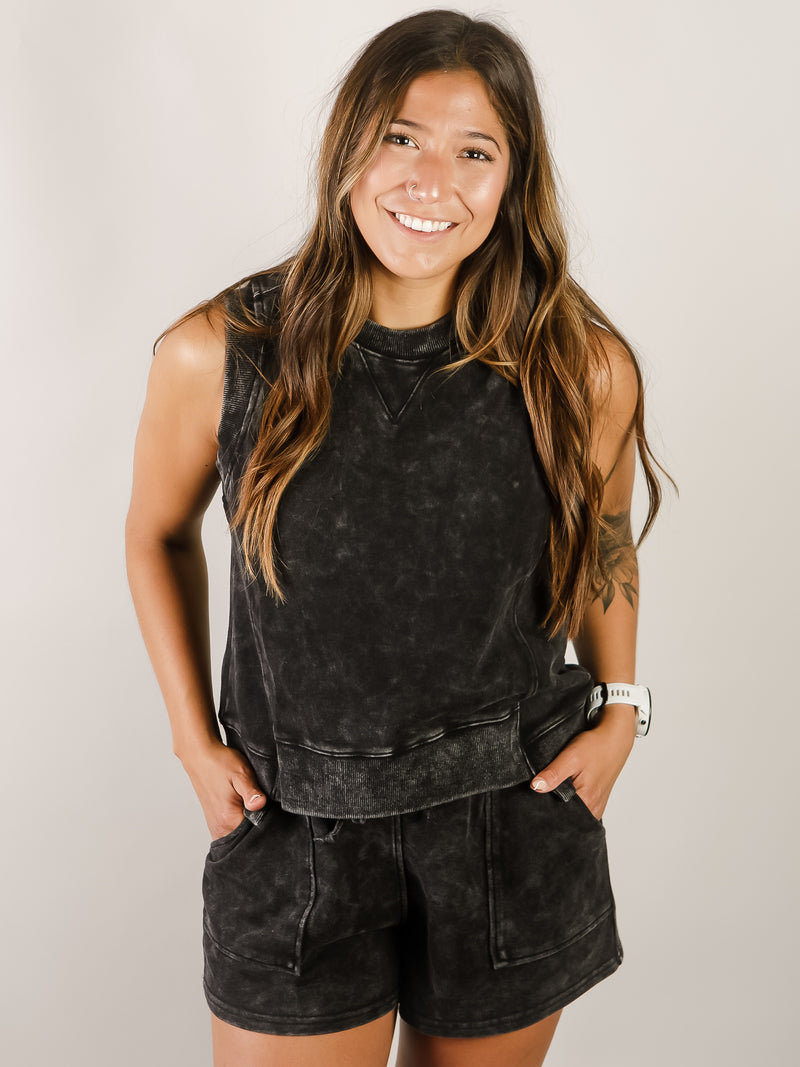 Washed Black Sleeveless Terry Top