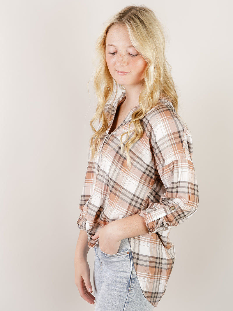 Split Collared Brown Plaid Blouse