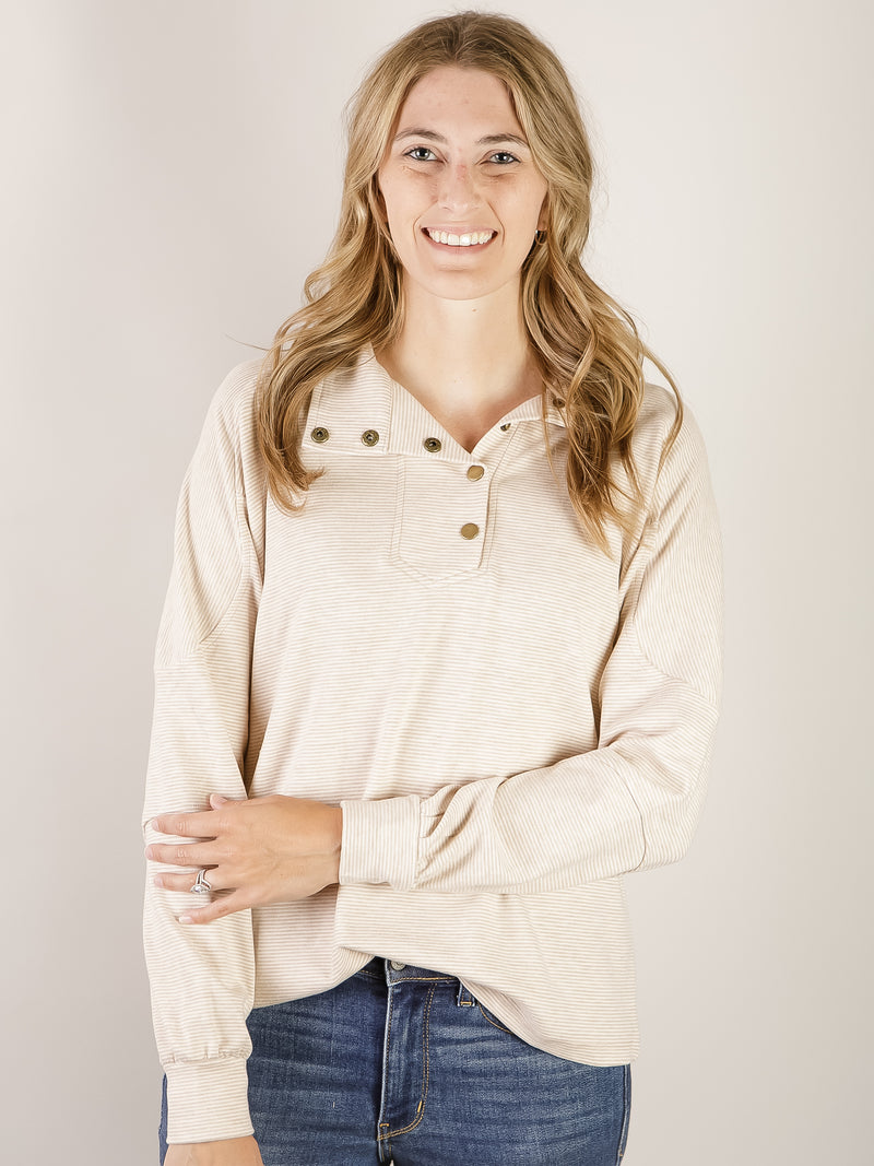 Buttery Soft Beige Striped Mock Neck Top