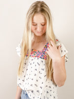 Geometric Embroidered White and Navy Top