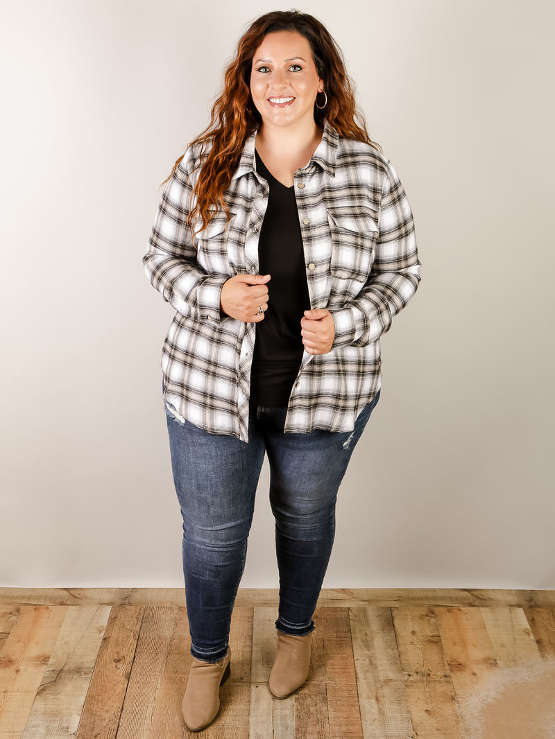 Curvy Ivory with Black and Tan Plaid Button Down