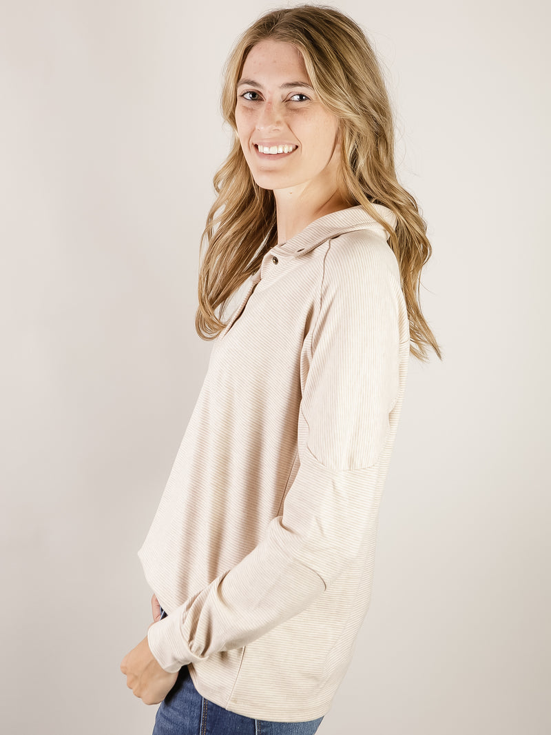 Buttery Soft Beige Striped Mock Neck Top