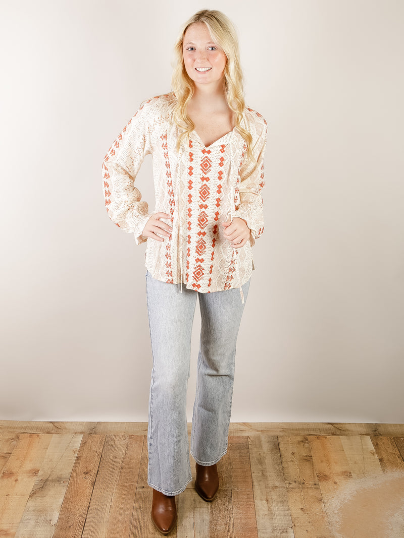 Ivory with Rust Embroidery Long Sleeve Blouse