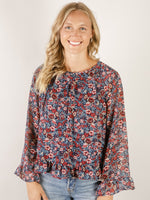 Navy Floral Ruffled Hem Blouse