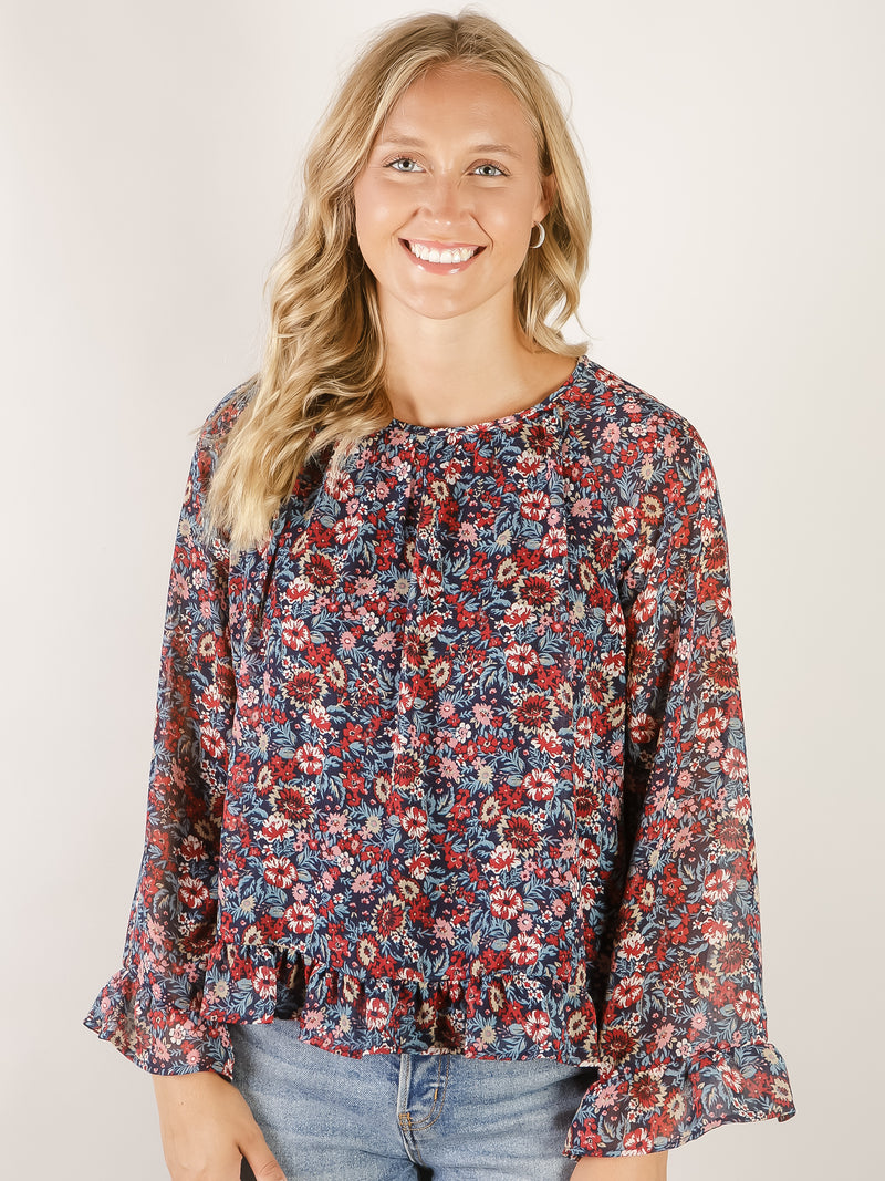 Navy Floral Ruffled Hem Blouse