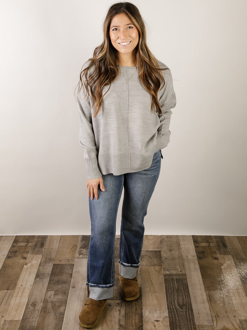 Grey Round Neck Drop Shoulder Sweater
