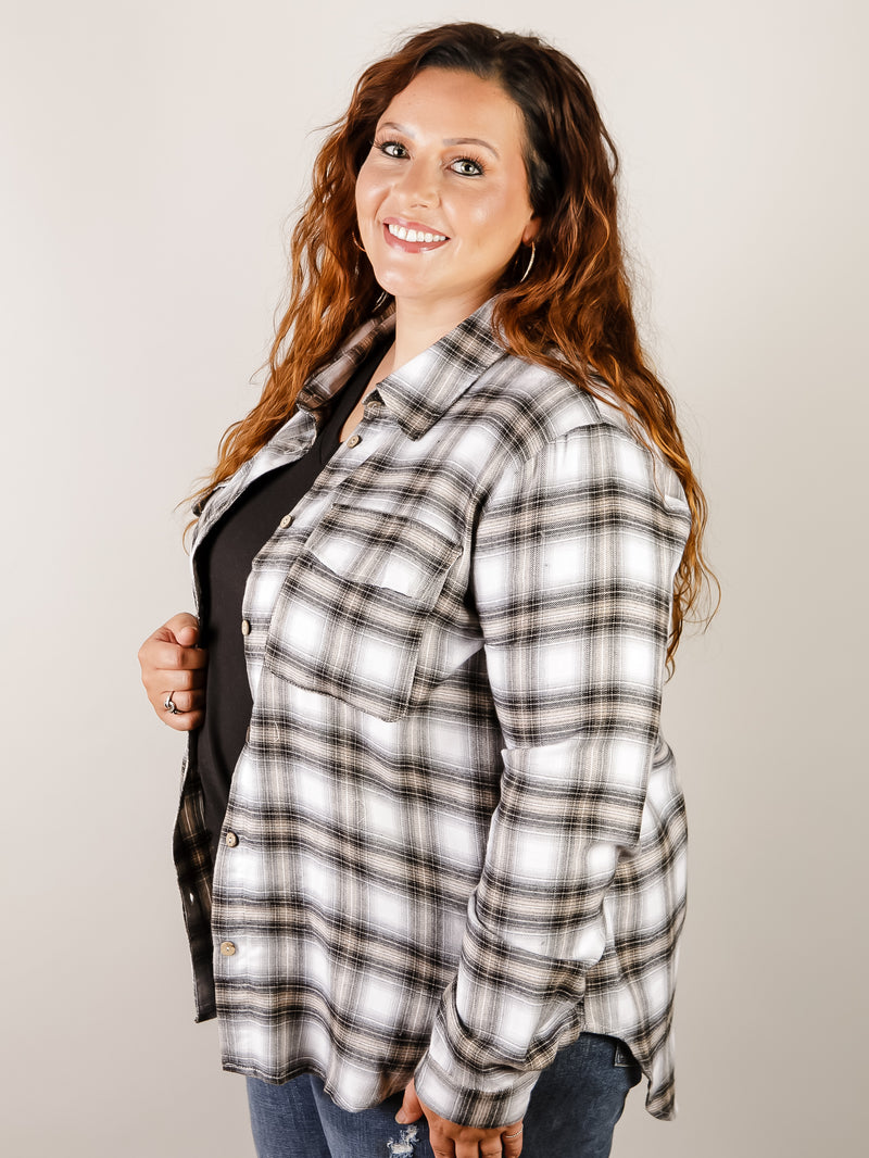 Curvy Ivory with Black and Tan Plaid Button Down