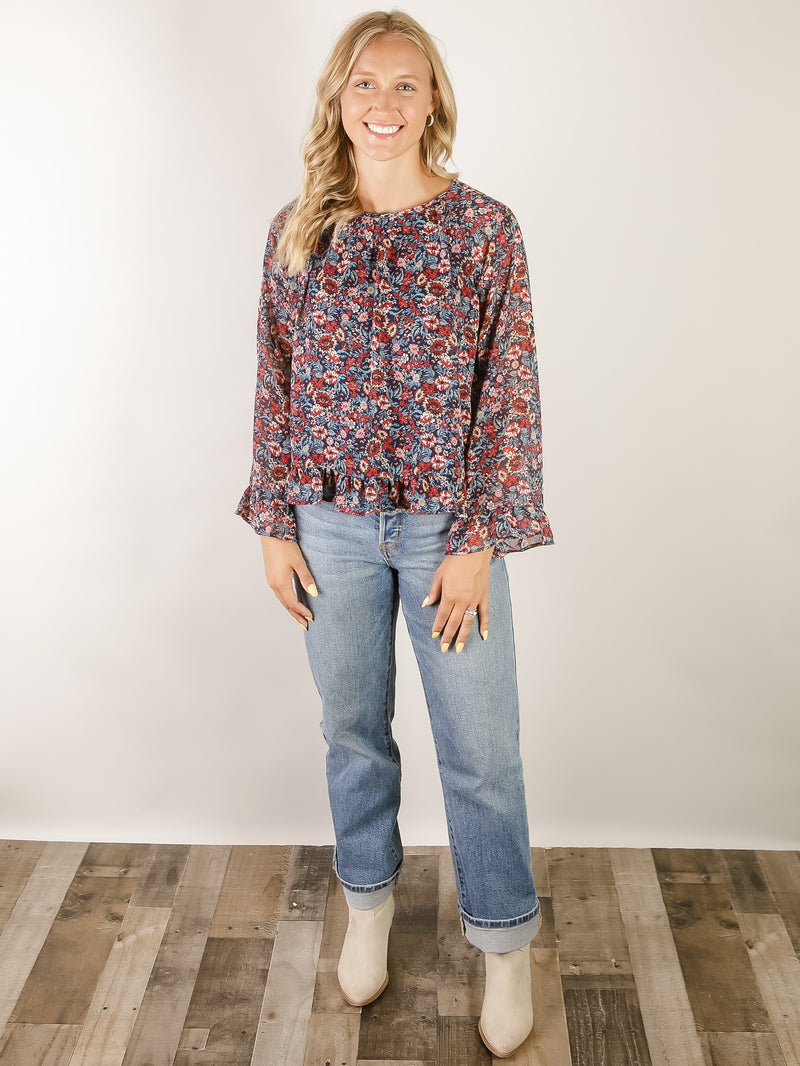 Navy Floral Ruffled Hem Blouse