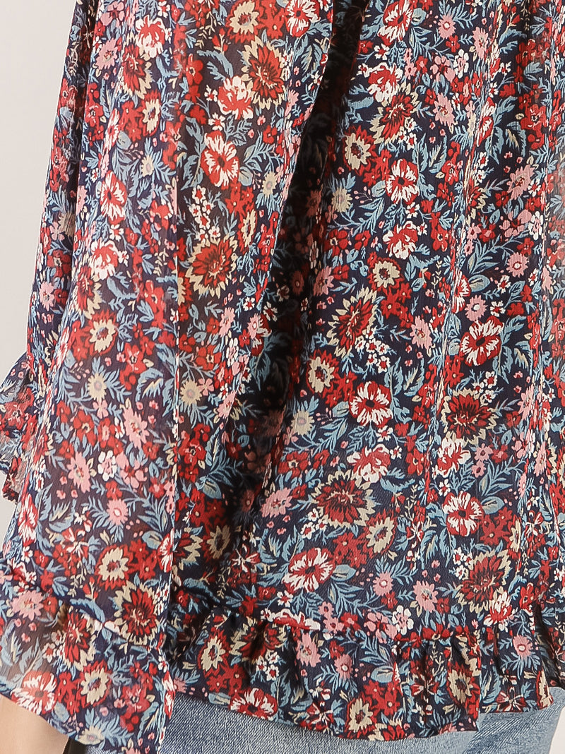 Navy Floral Ruffled Hem Blouse