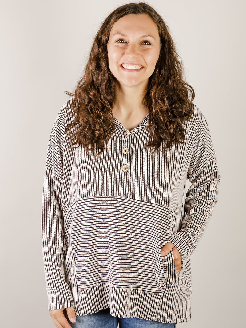 Black and White Striped Hooded Top