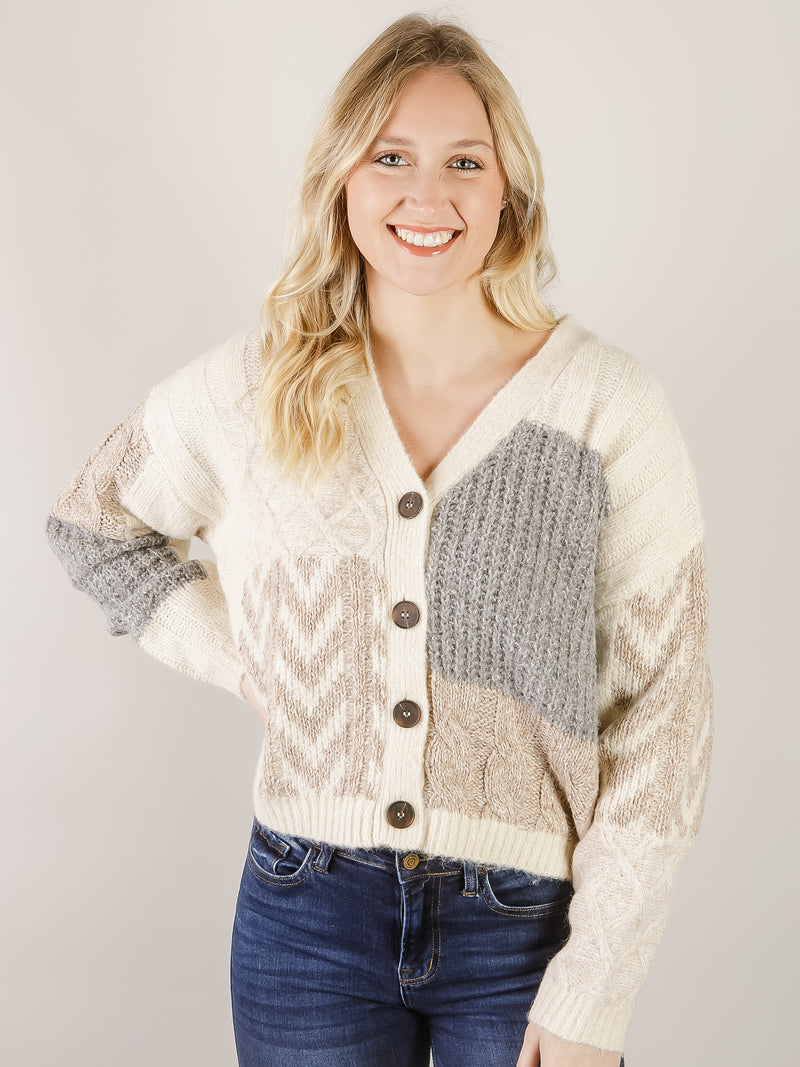 Cream Patchwork Cable Knit Cardigan