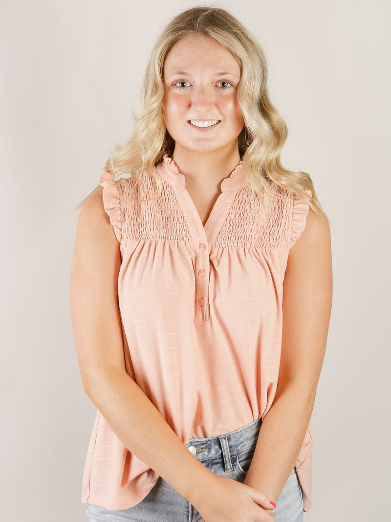 Peach Ruffled Collar Sleeveless Knit Top