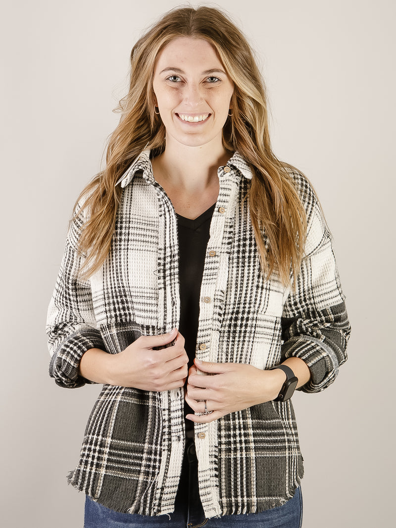 Ivory with Charcoal Mixed Plaid Shacket