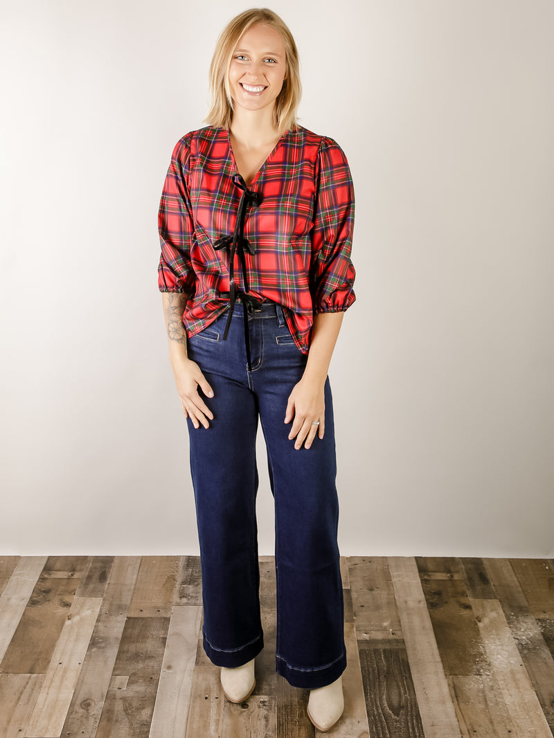 Red Plaid Tie Front Blouse