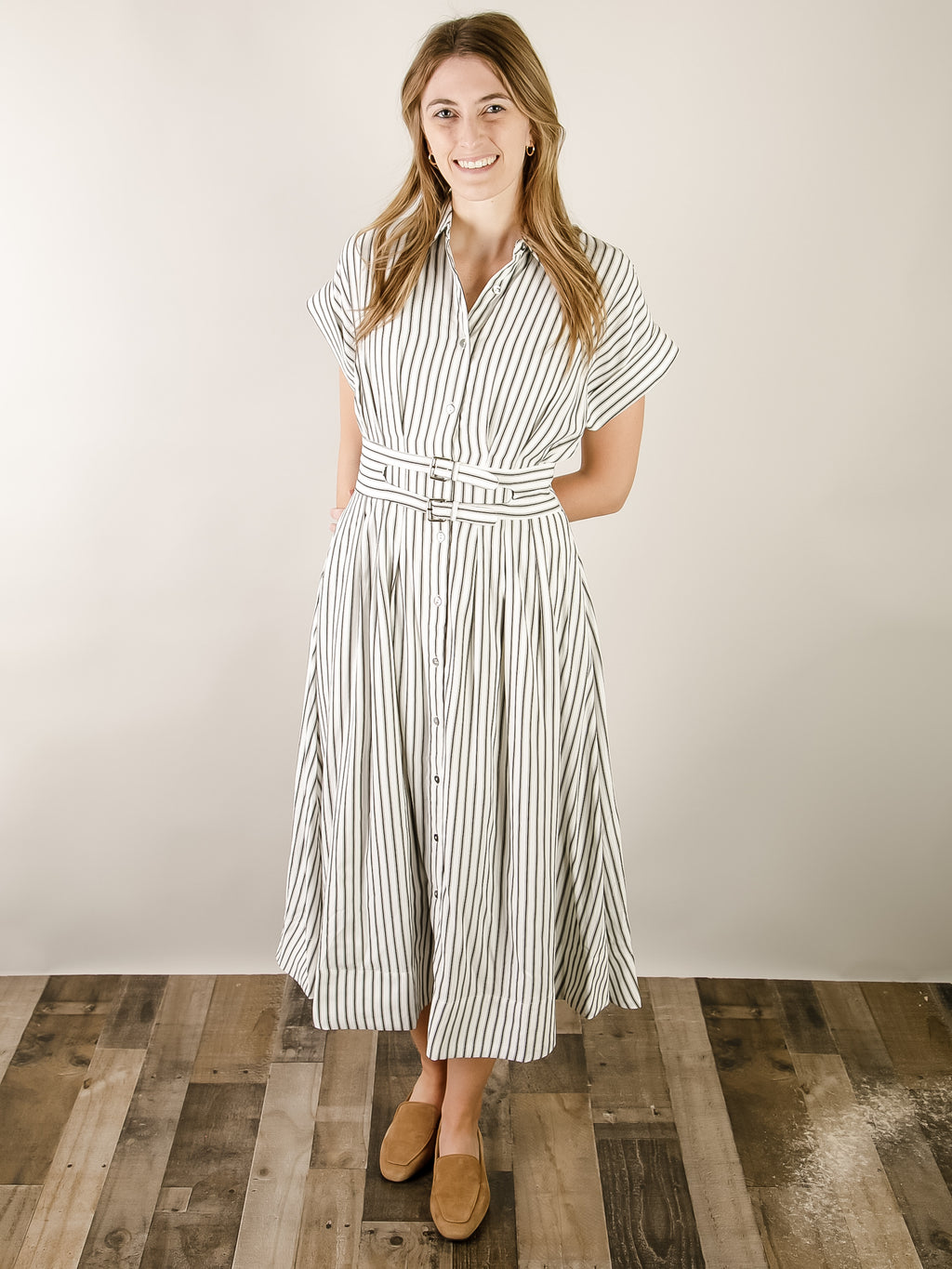 White and Black Striped Mid Length Shirt Dress