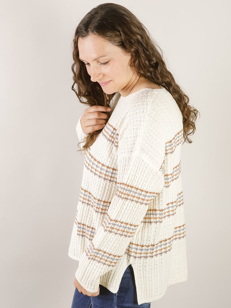 Cream with Multi-Color Stripe Sweater