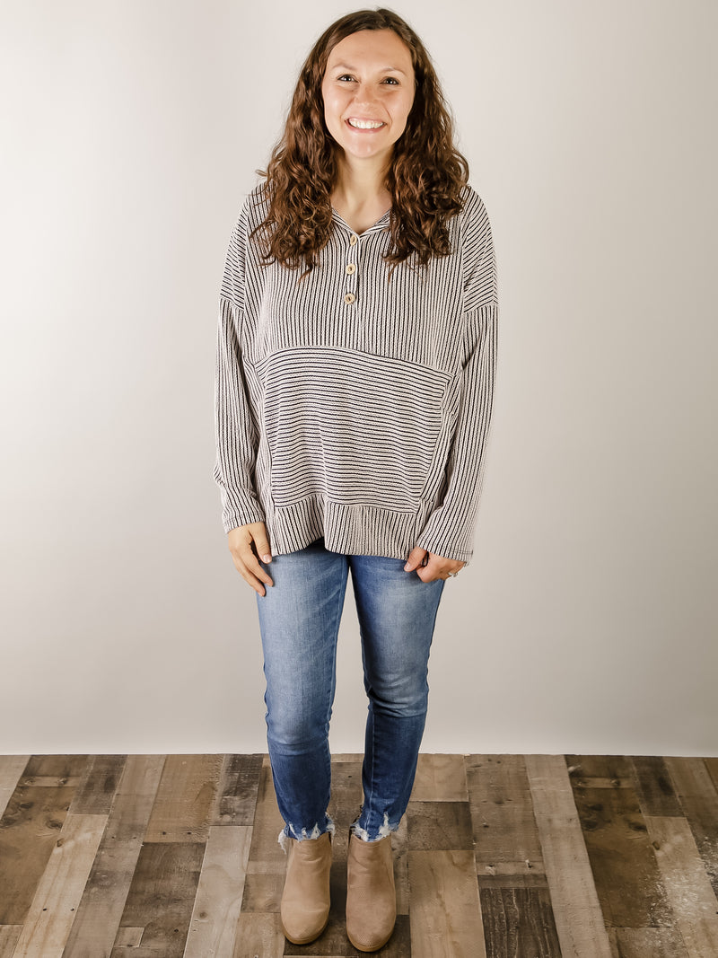 Black and White Striped Hooded Top