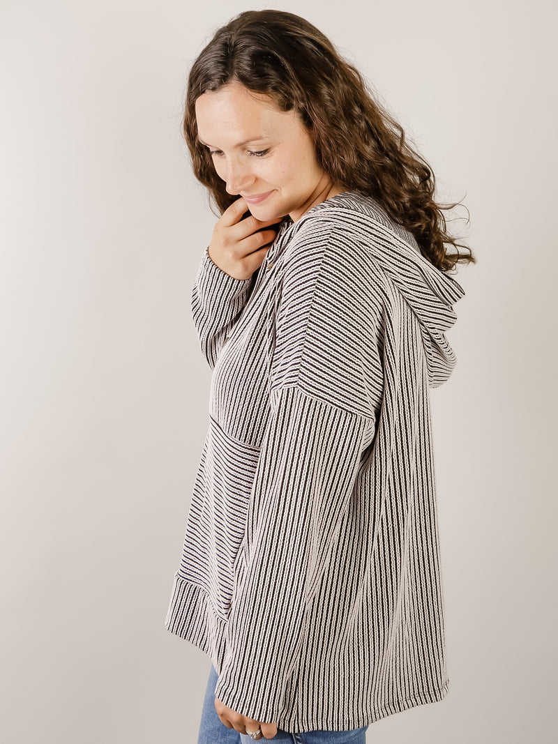 Black and White Striped Hooded Top