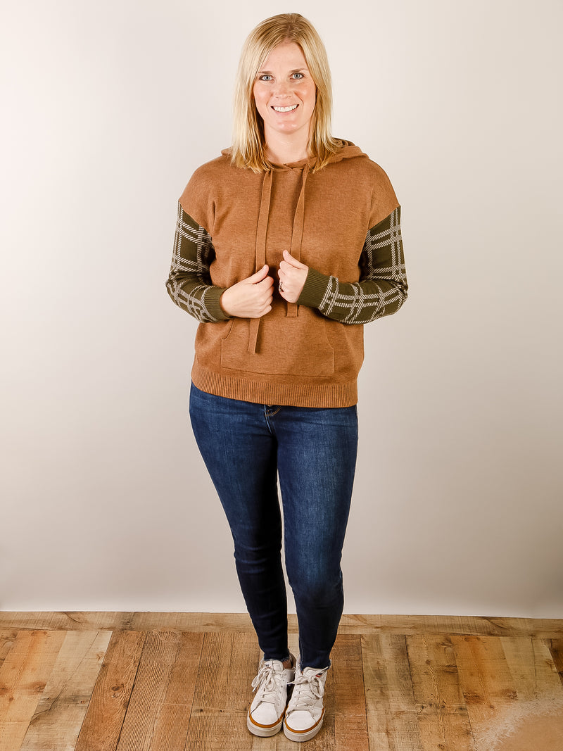 Tan Sweater Hoodie with Green Plaid Sleeves