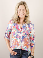 Ivory with Bright Floral Roll Up Sleeved Collared Top