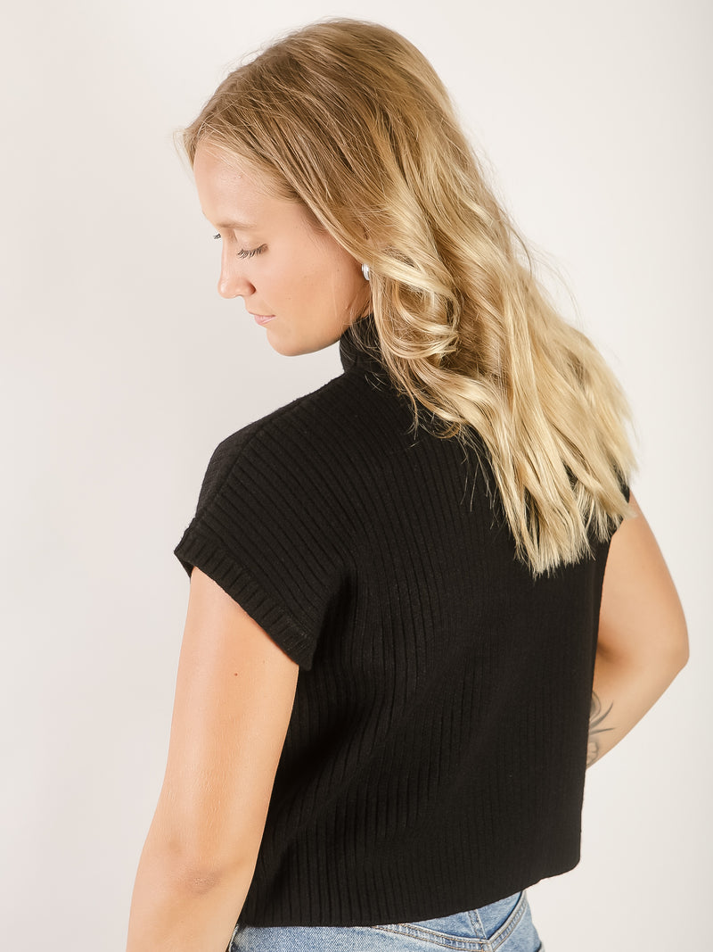 Black Short Sleeve Mock Neck Sweater