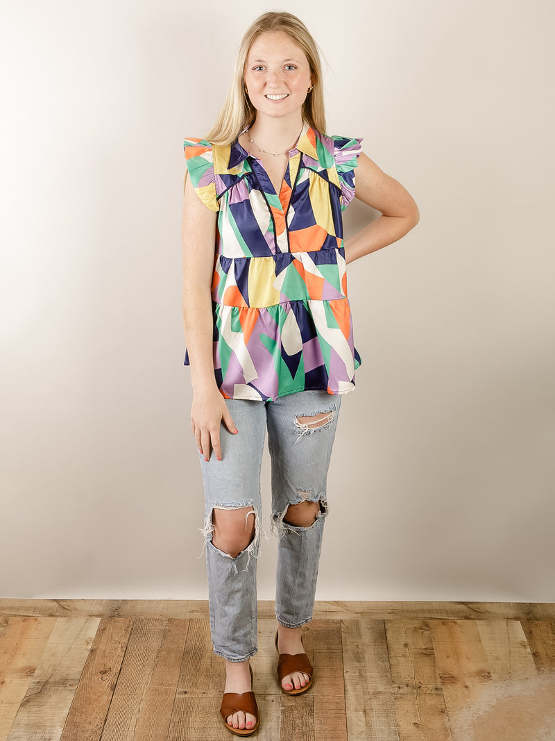 Satin Geo Print Sleeveless Top