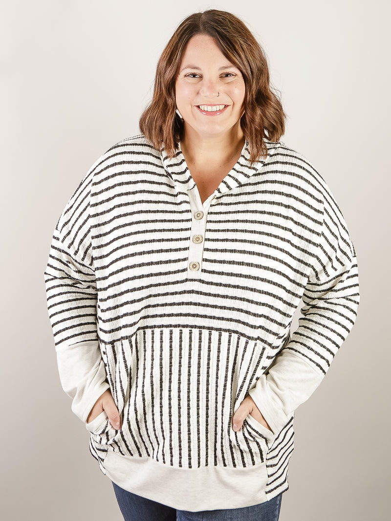 Curvy Cream and Black Striped Hooded Top