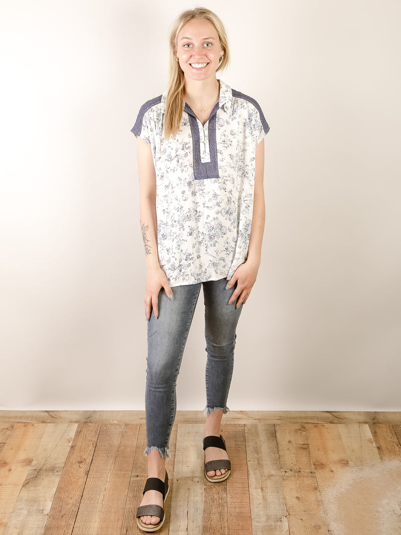 Drop Shoulder White with Blue Floral with Lace Trim Shirt