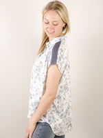 Drop Shoulder White with Blue Floral with Lace Trim Shirt