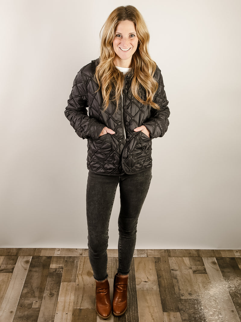 Black Quilted Button Down Jacket