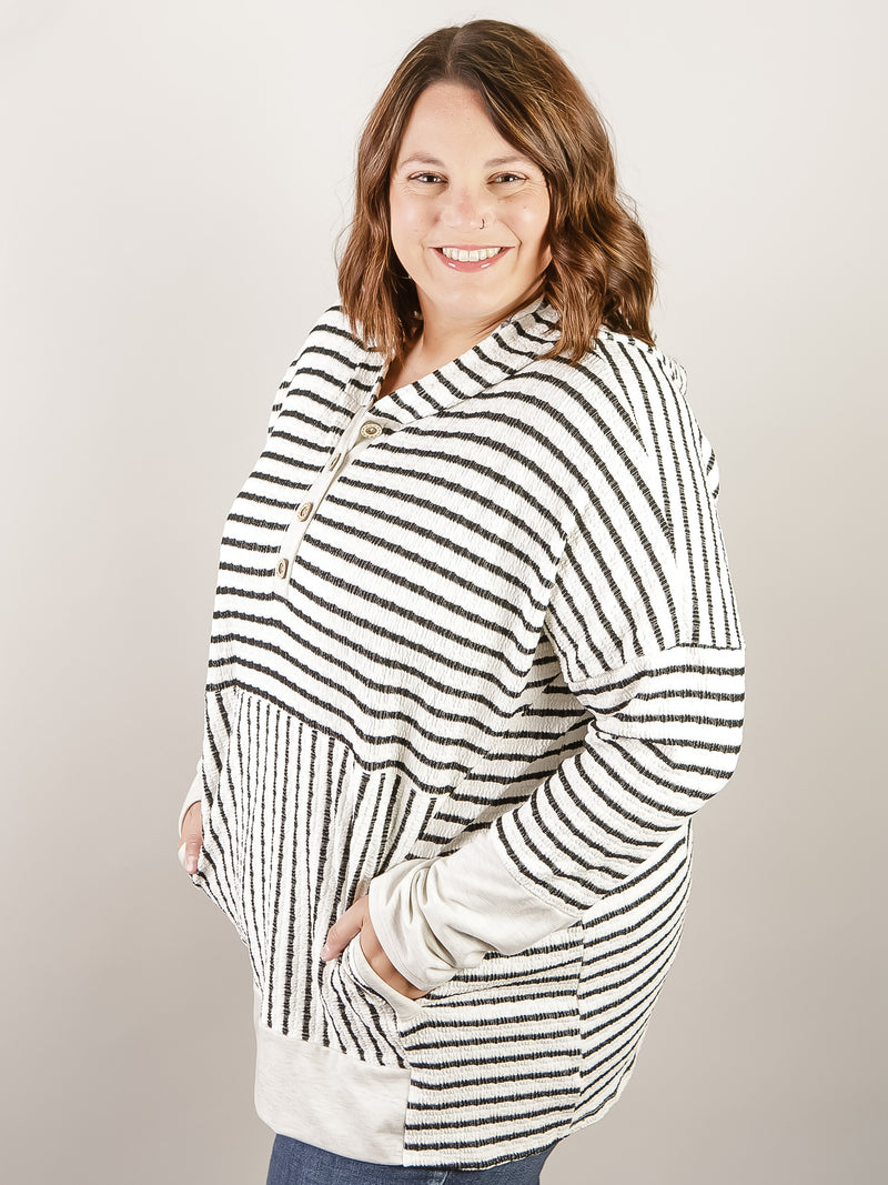 Curvy Cream and Black Striped Hooded Top