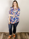 Curvy Royal Blue and Coral Floral Wrinkle Free 3/4 Sleeve