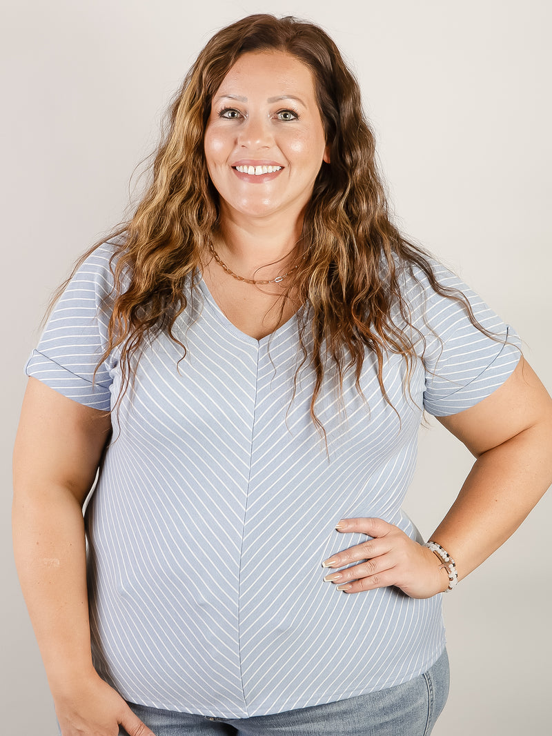 Light Blue Striped V-Neck Knit Top