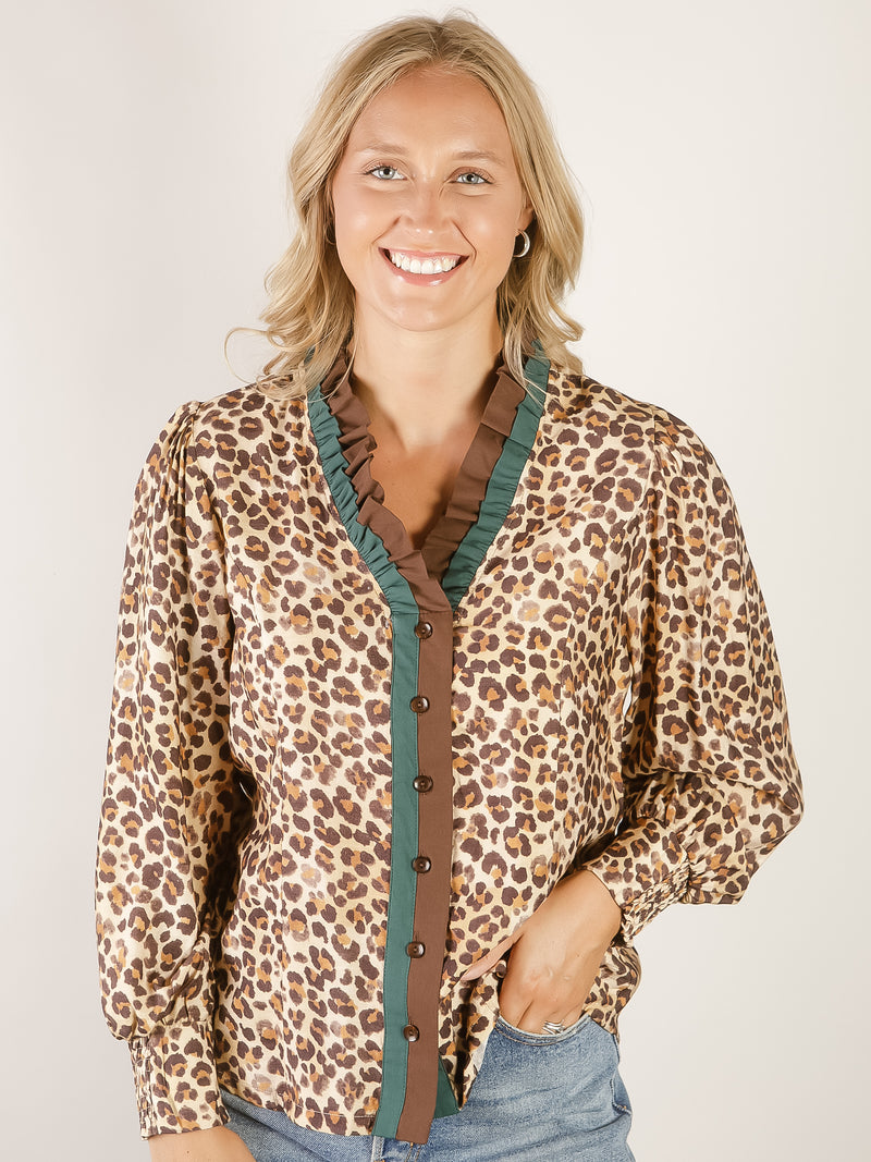 Ruffle Trim Leopard Print Blouse
