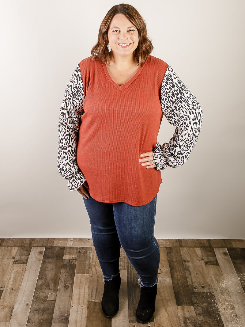 Curvy Rust Thermal with Animal Print Sleeve